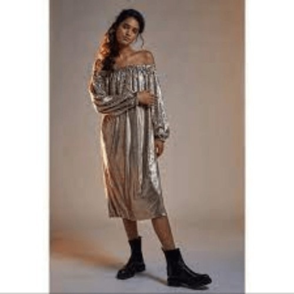 Anthropologie Sequin Off The Shoulder Metallic Shift Dress Gold Long Sleeve
